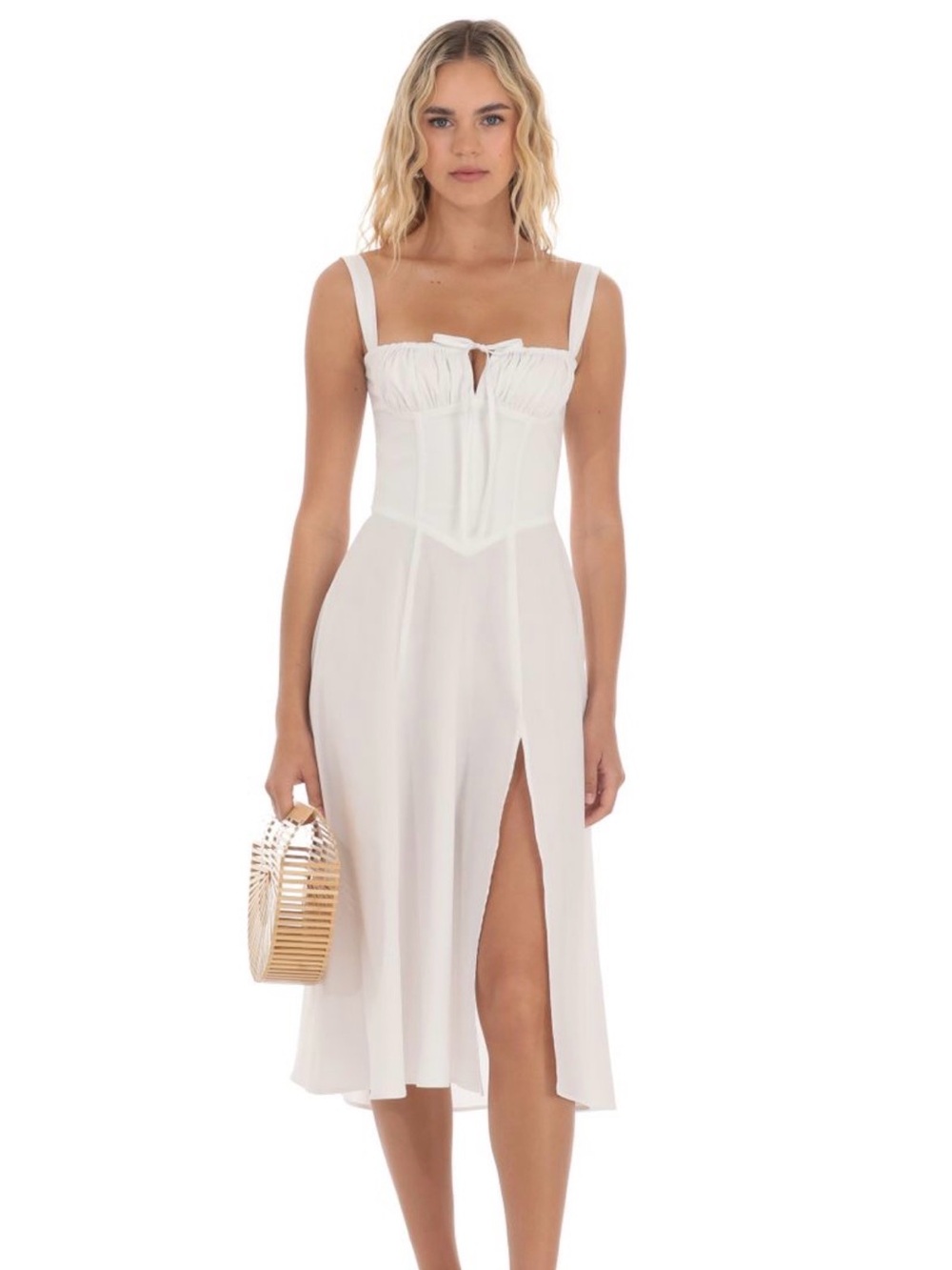 Lucy in the Sky White Corset-Style Midi Dress with Front Slit